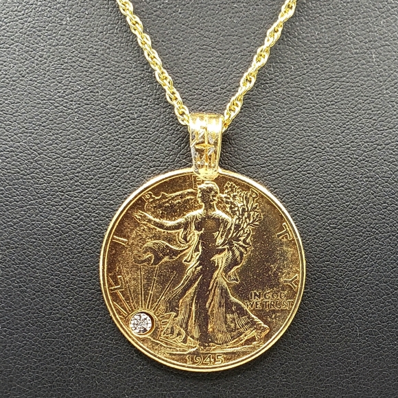 1945 Walking Liberty Half Dollar Pendant with Crystal & Chain - Picture 3 of 8